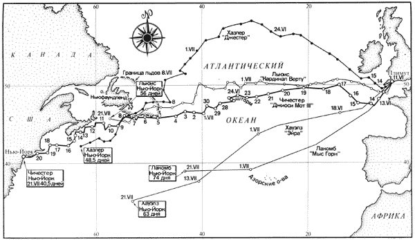 Первые трансатлантические гонки 1960 года из Плимута до Нью-Йорка. Позиции всех участников на день победы Чичестера.