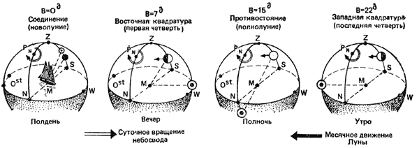 Рис. 89. Условия наблюдений Луны и лунная освещенность зависят от возраста Луны и широты места яхты.