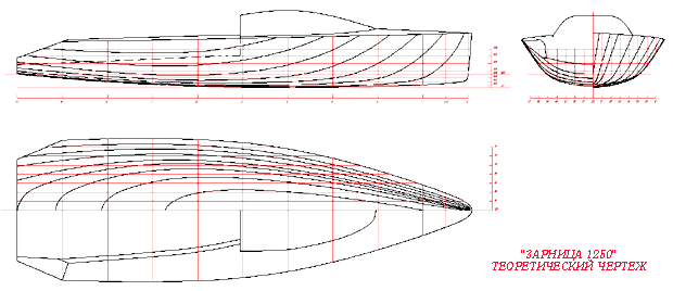 Рис.2 Трехмерная модель корпуса яхты и теоретический чертеж, построенные в CAD-системе 
